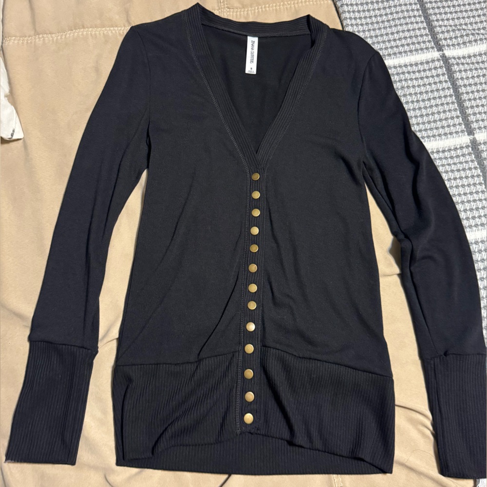 Black cardigan with small gold button, size small